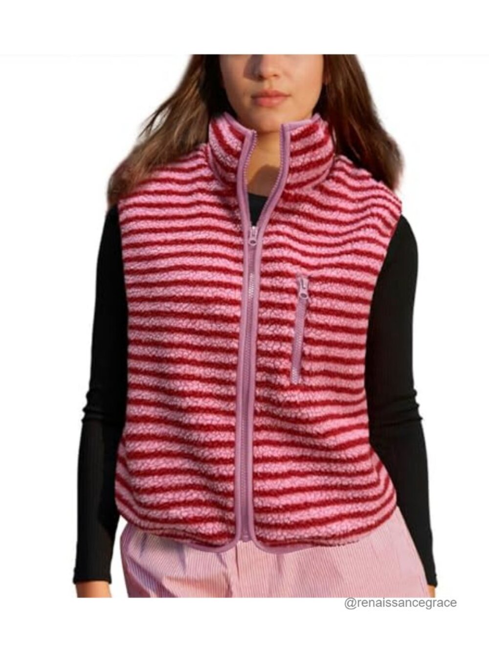 Striped Fleece Vest Women High Neck Zip Up Sleeveless Sherpa Vest with Chest